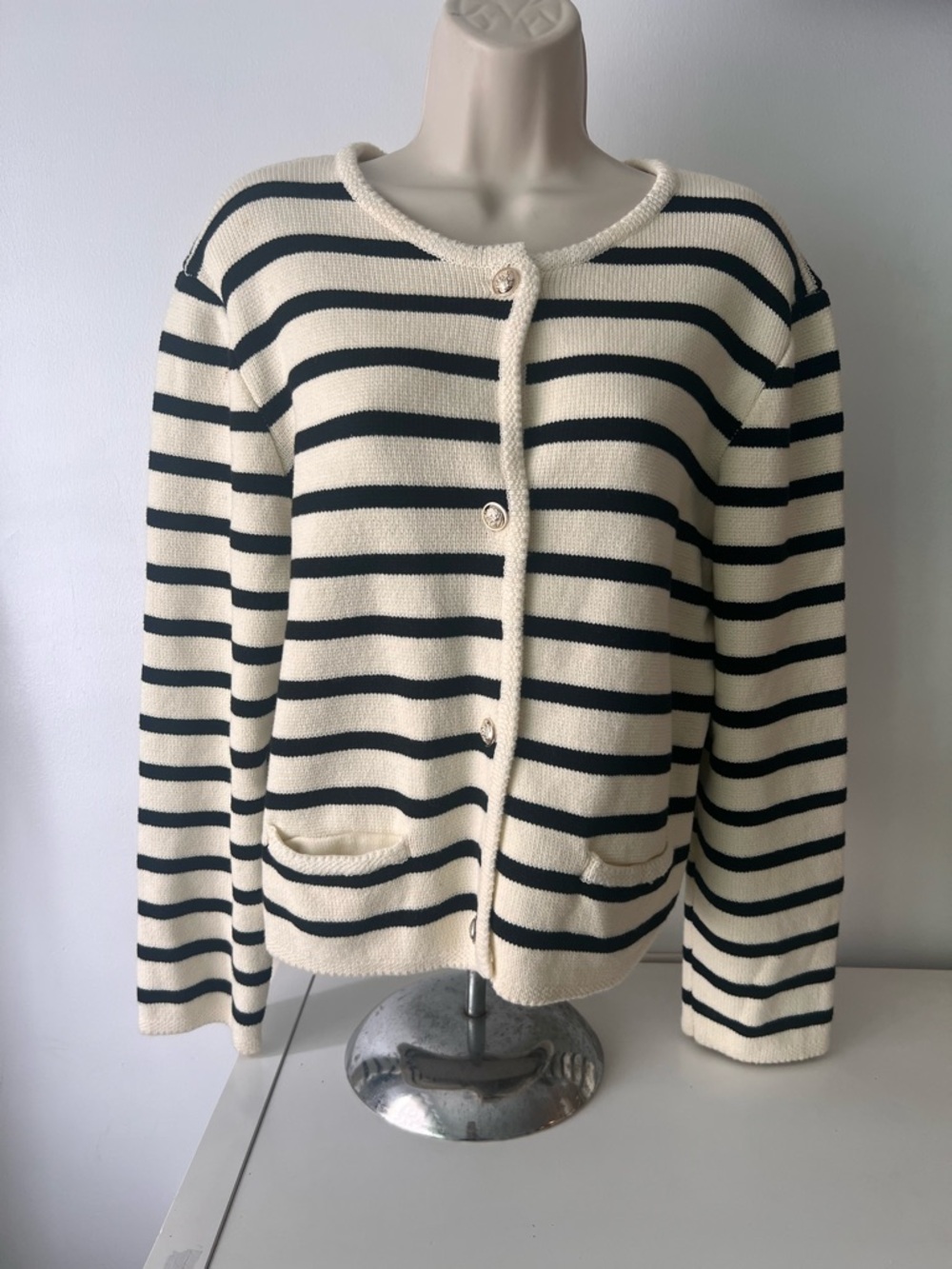 RIHOAS Cream and Black Striped Button-Front Cardigan